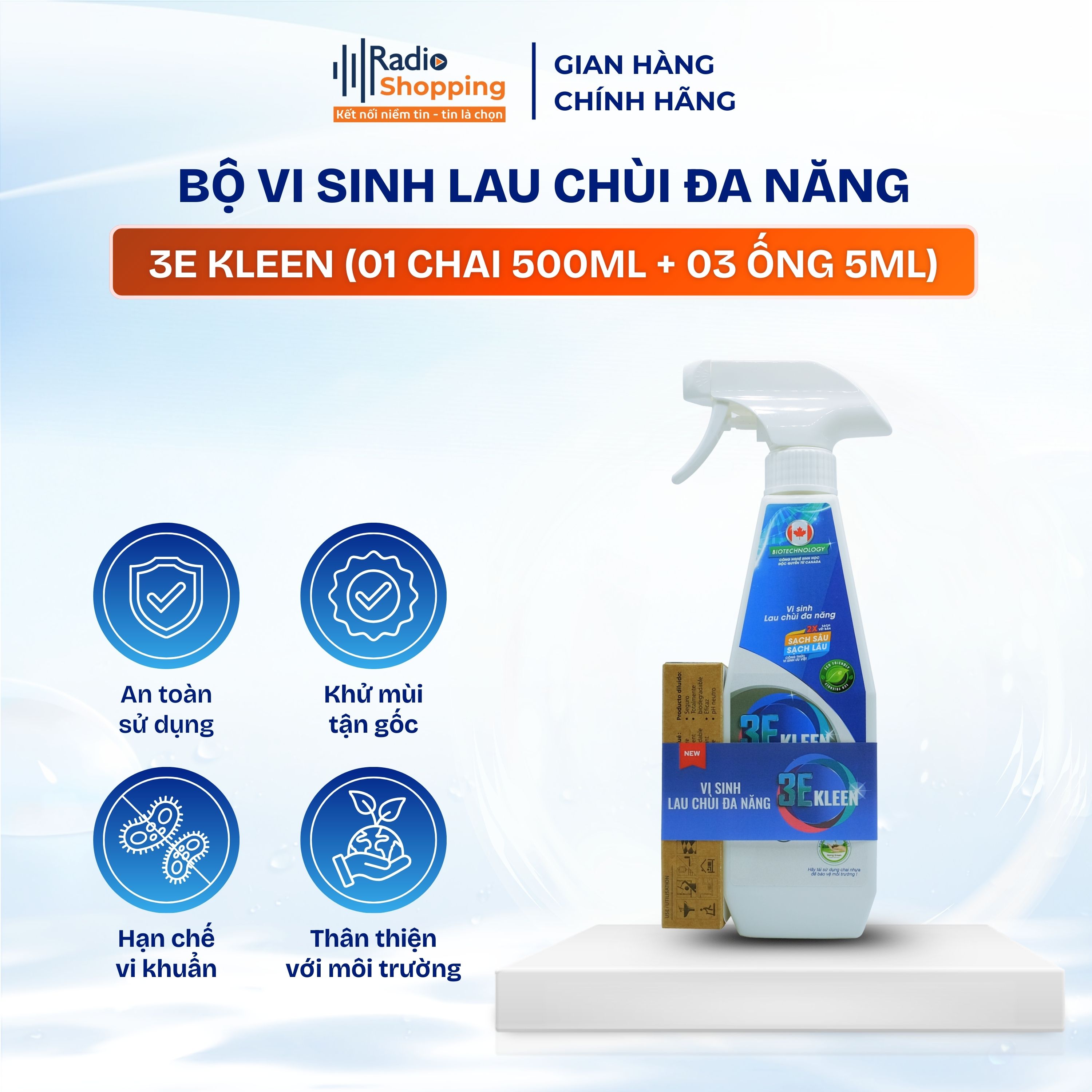 Chai xịt 3E KLEEN lau chùi đa năng [bộ 1 chai 500ml - 3 ống 5ml]